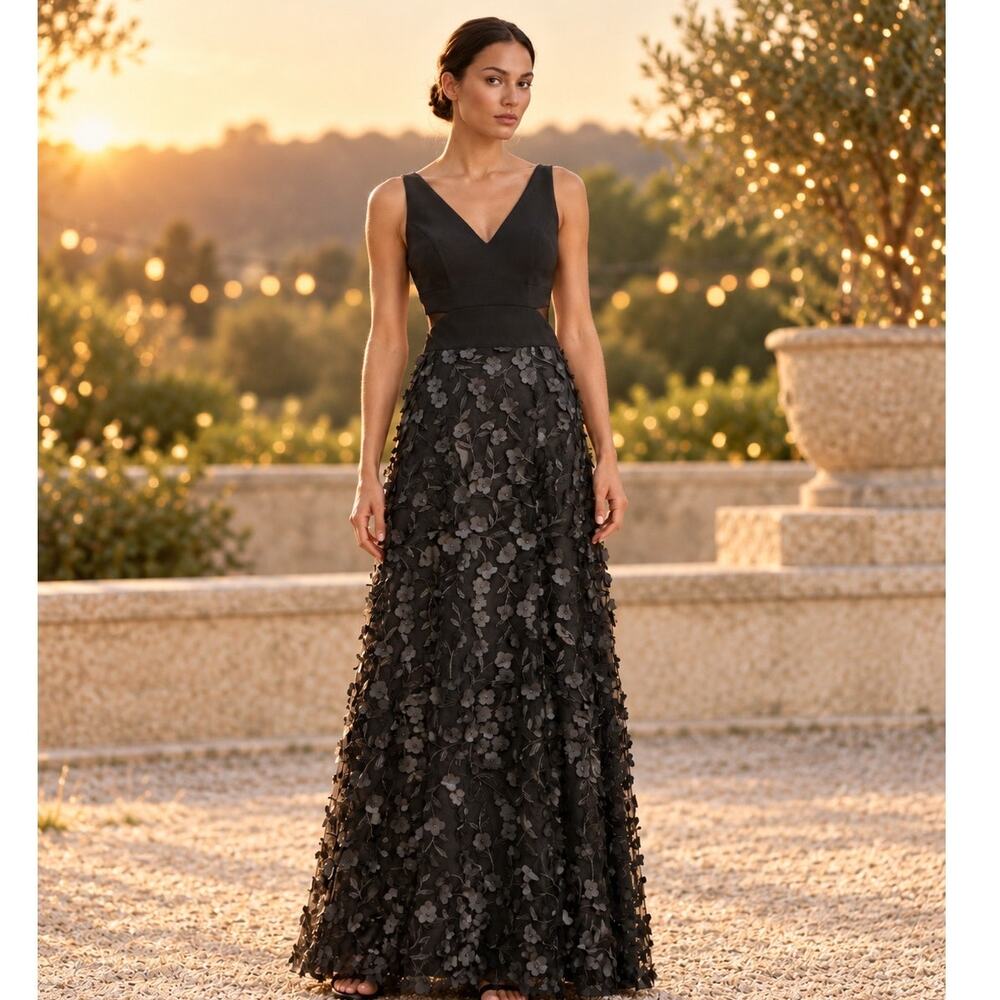 Xscape Iris Black 3D Floral Applique Illusion Cutout Petite Gown 4P NWT $279